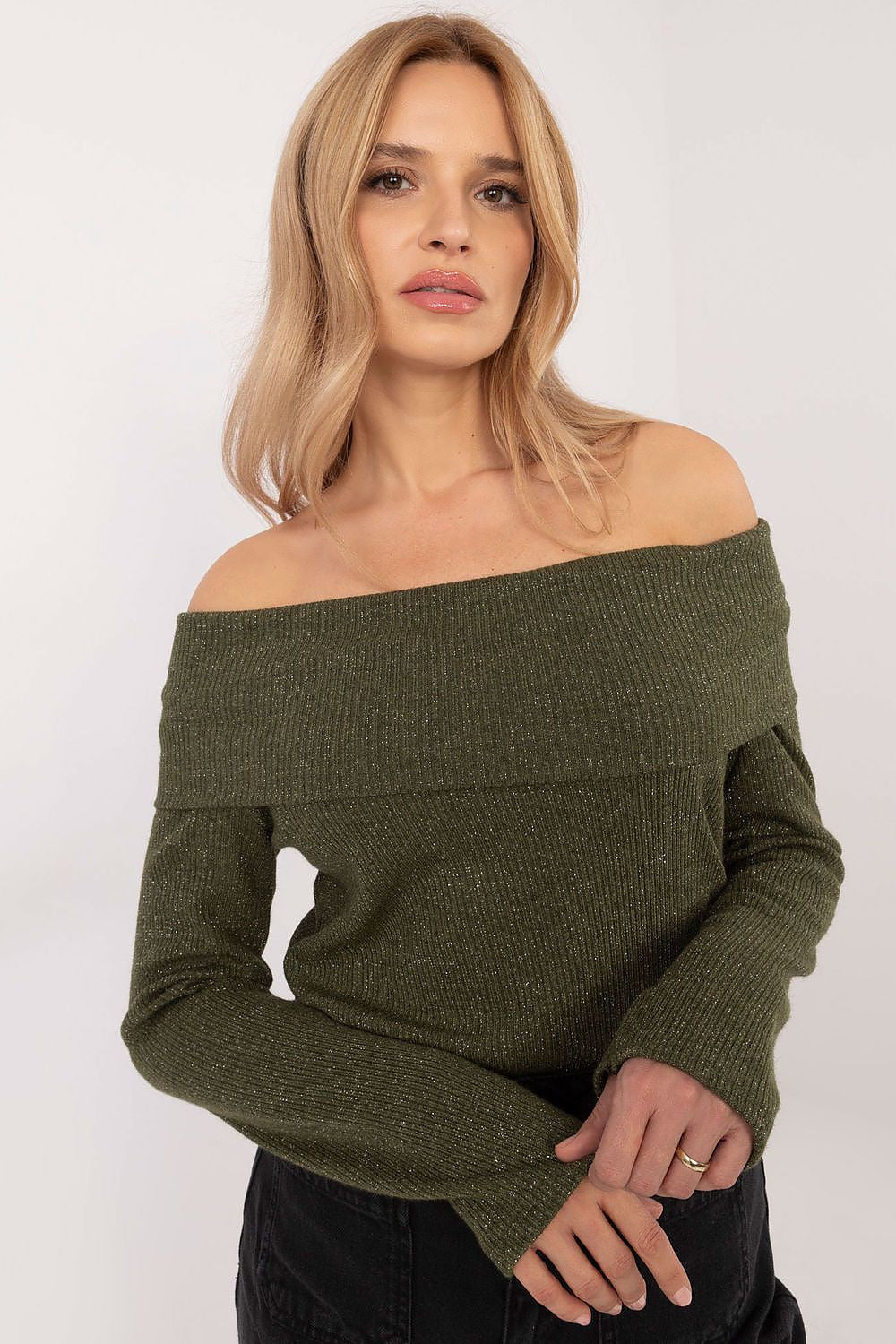 Pullover Damen Carmen-Ausschnitt glänzend elegant