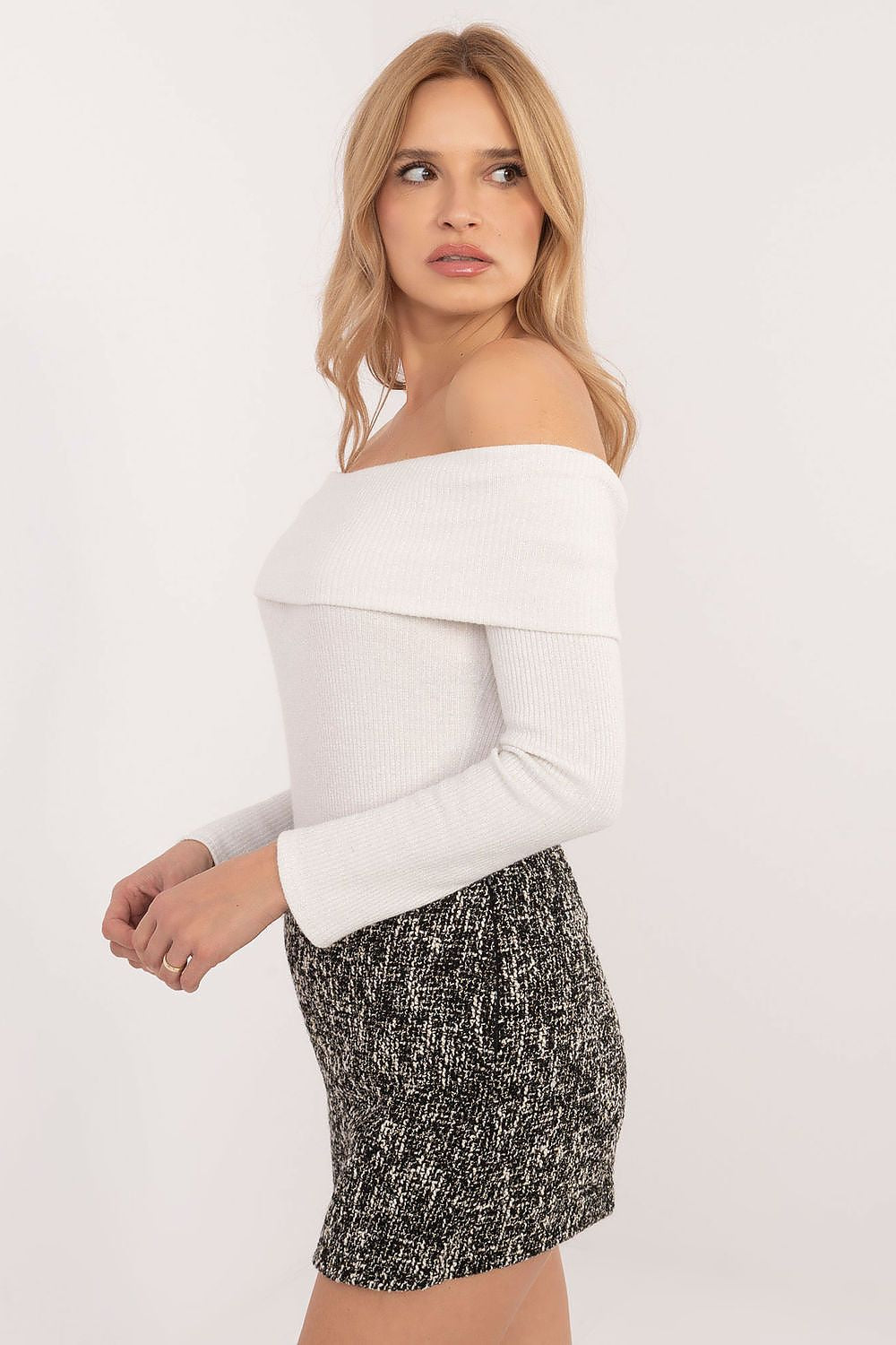 Pullover Damen Carmen-Ausschnitt glänzend elegant