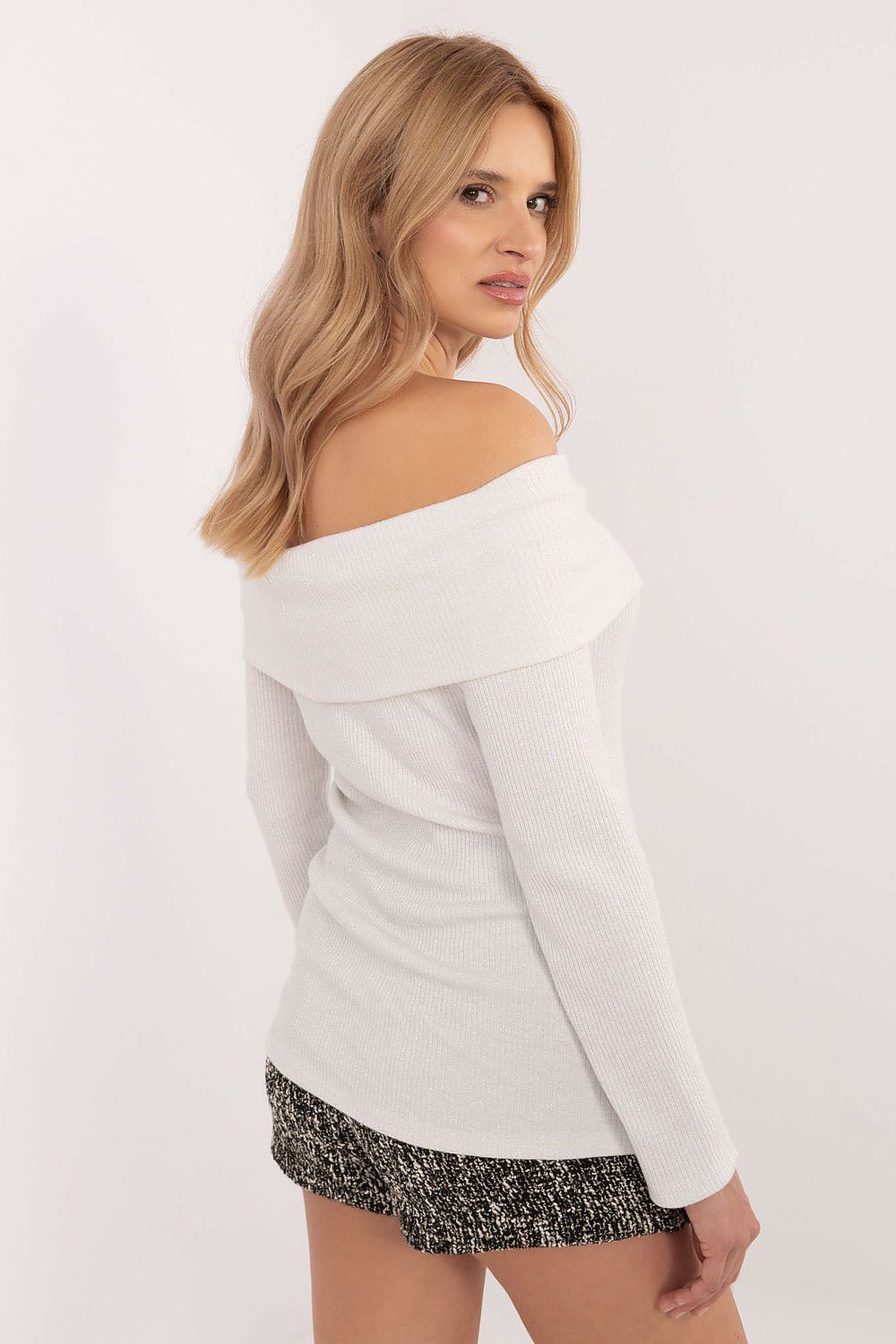 Pullover Damen Carmen-Ausschnitt glänzend elegant