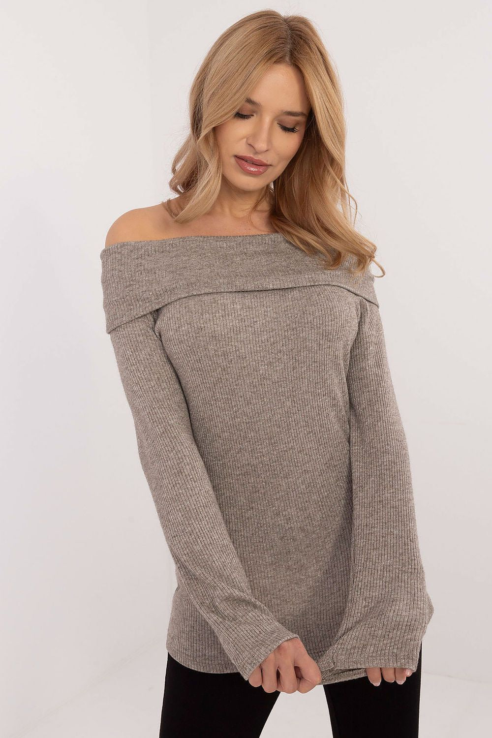 Pullover Damen Carmen-Ausschnitt glänzend elegant