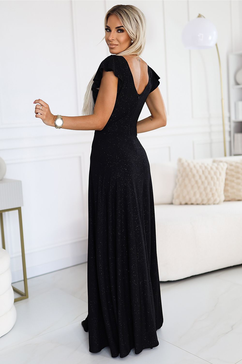 Maxikleid Damen Glitzer Umschlagausschnitt Beinschlitz Elegant