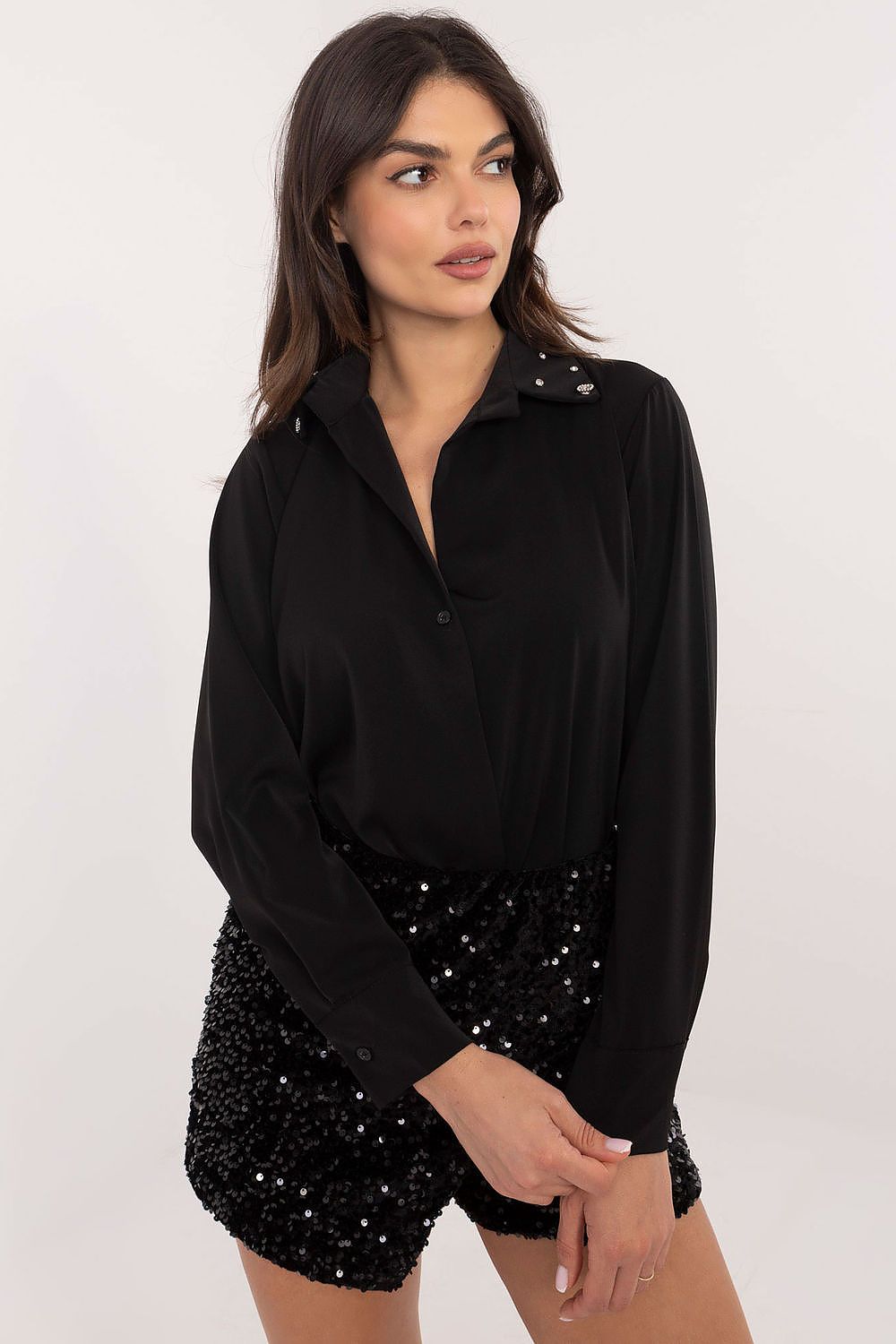 Bluse Damen Langarm Zirkonia-Kragen elegant bürotauglich