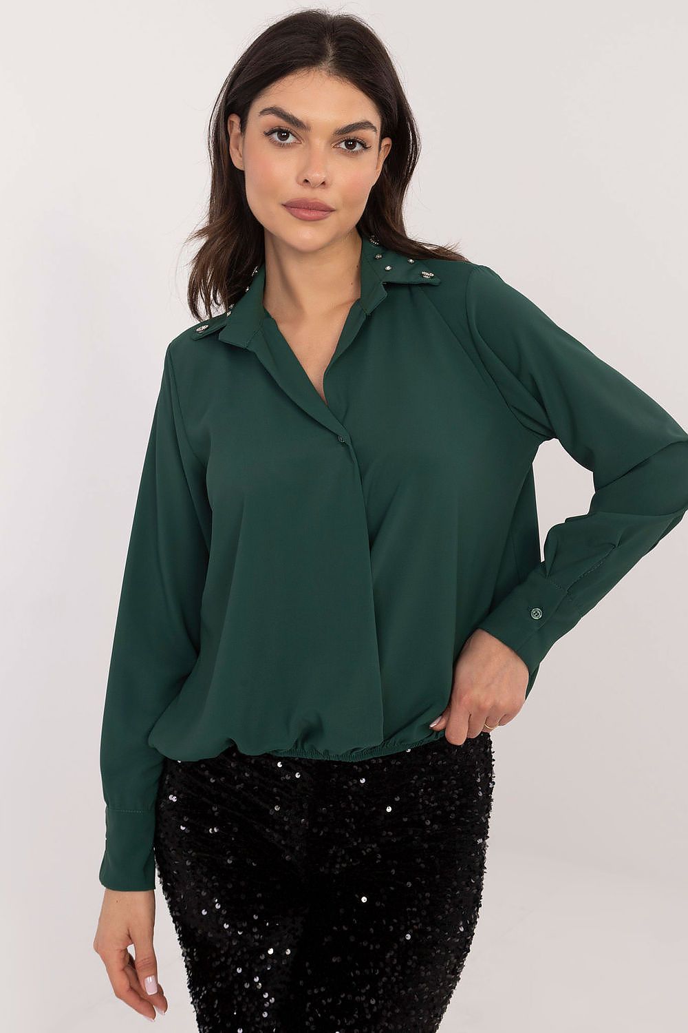 Bluse Damen Langarm Zirkonia-Kragen elegant bürotauglich