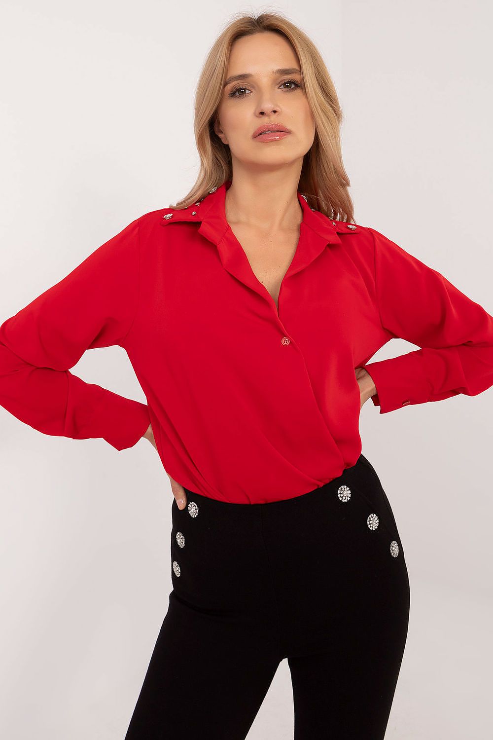 Bluse Damen Langarm Zirkonia-Kragen elegant bürotauglich
