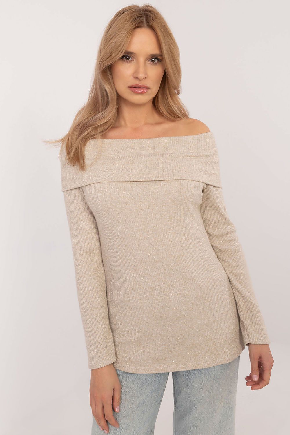 Pullover Damen Carmen-Ausschnitt glänzend elegant