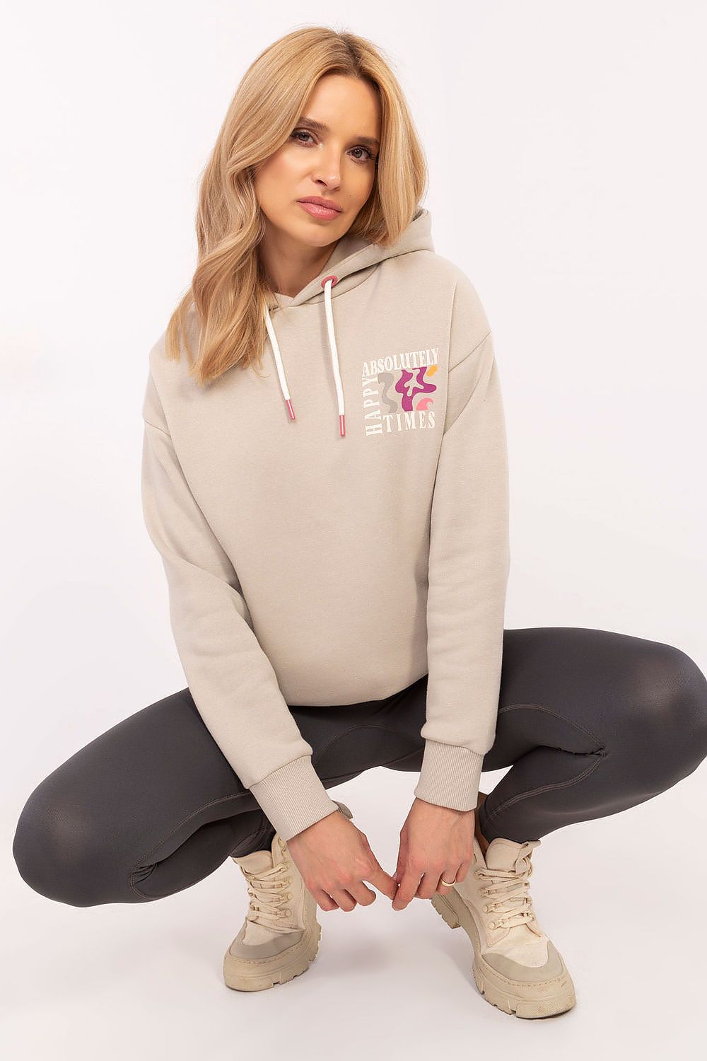 Hoodie Damen Kapuze Print gefüttert beige