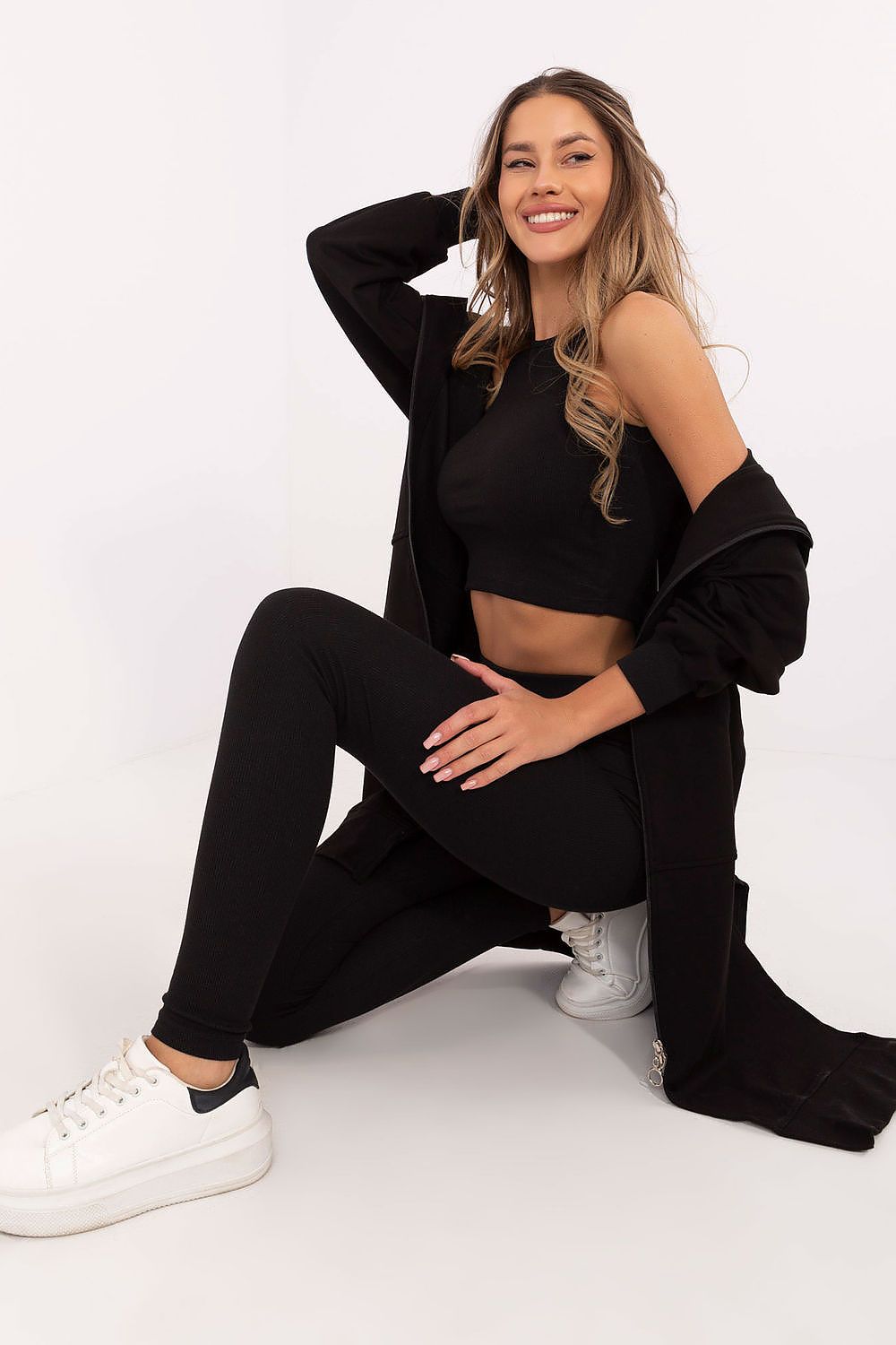 Sport Set Damen 3-teilig Hoodie Top Leggings Baumwolle