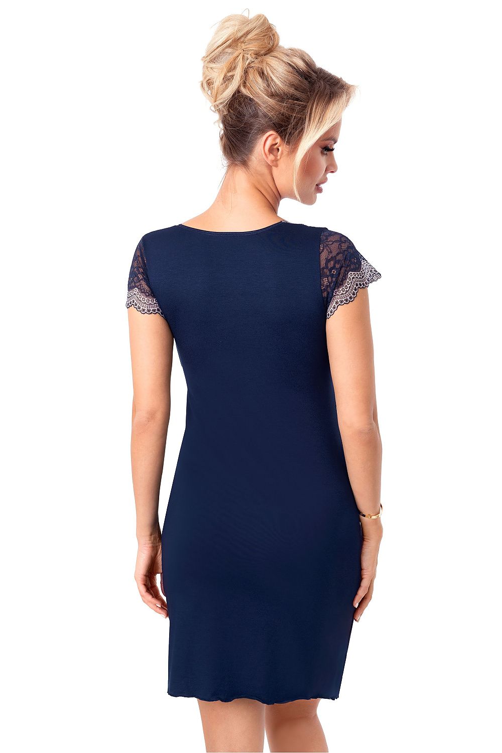 Nachthemd Damen marineblau – Viskose mit Spitze & Rüsche knieland