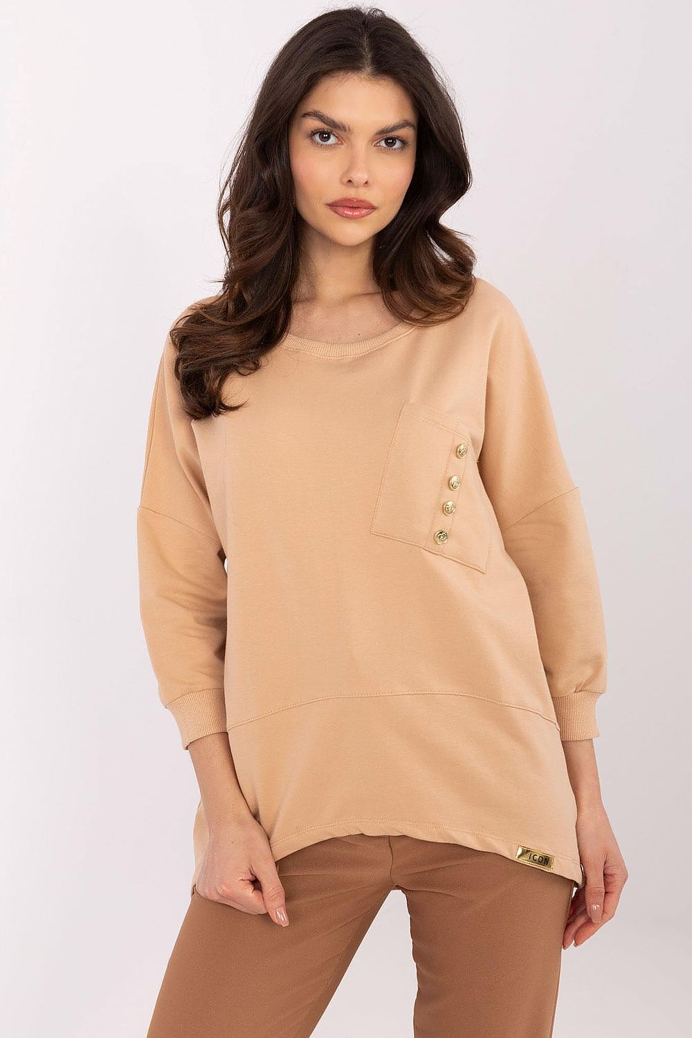 Bluse Damen 3/4-Arm Rundhals Baumwolle mit Tasche – S bis XL