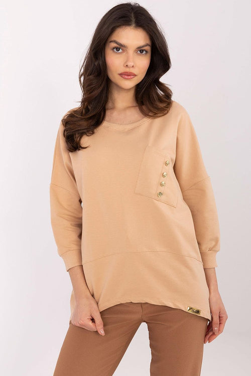 Bluse Damen 3/4-Arm Rundhals Baumwolle mit Tasche – S bis XL