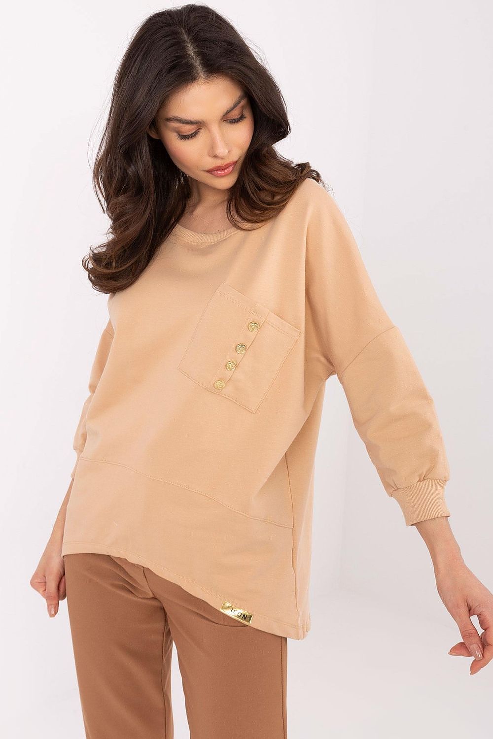 Bluse Damen 3/4-Arm Rundhals Baumwolle mit Tasche – S bis XL