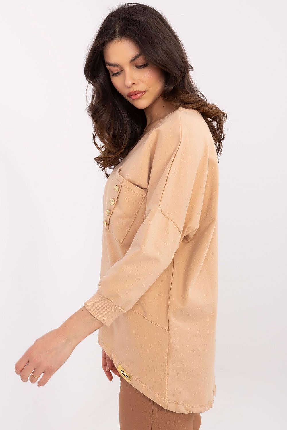 Bluse Damen 3/4-Arm Rundhals Baumwolle mit Tasche – S bis XL