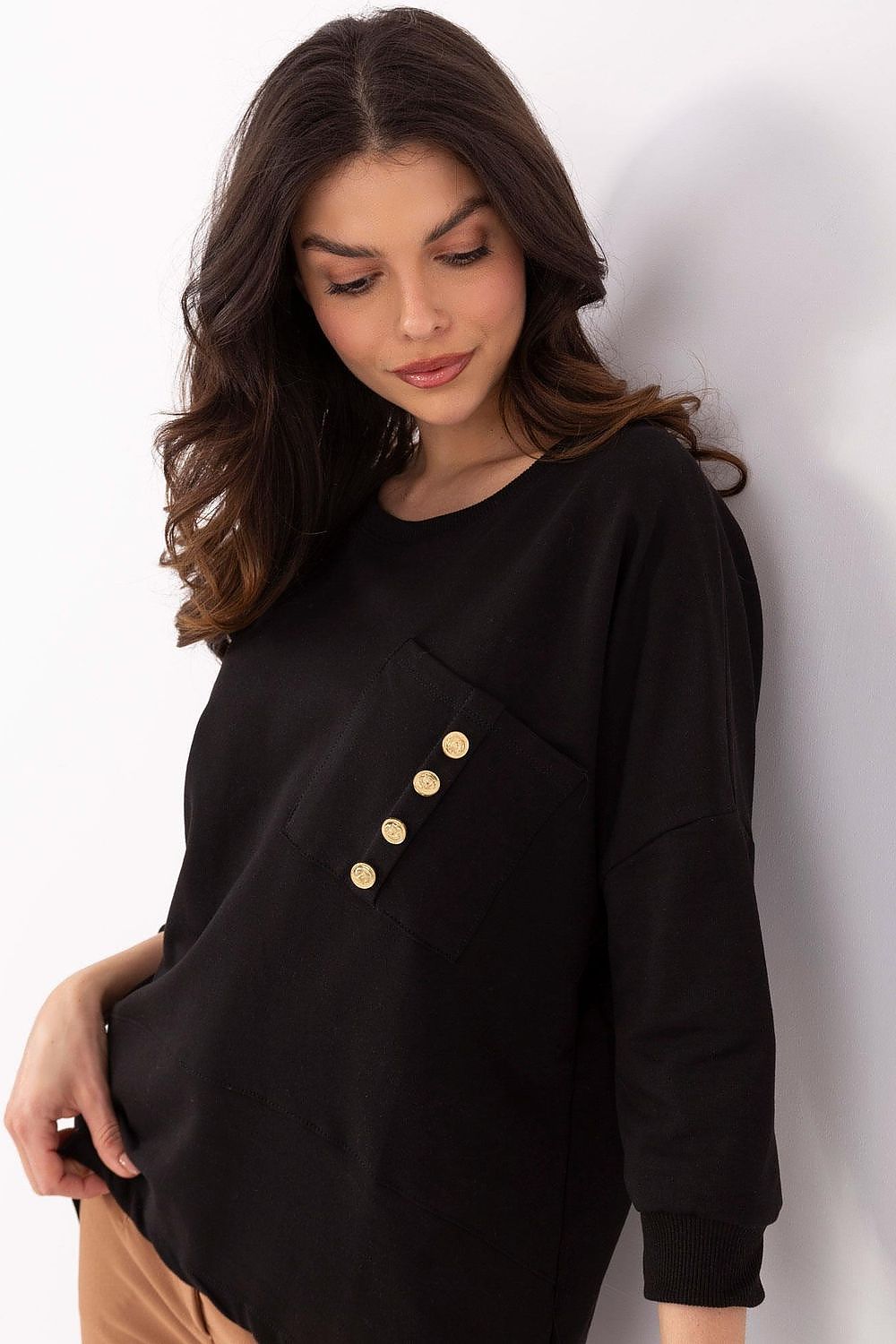 Bluse Damen 3/4-Arm Rundhals Baumwolle mit Tasche – S bis XL