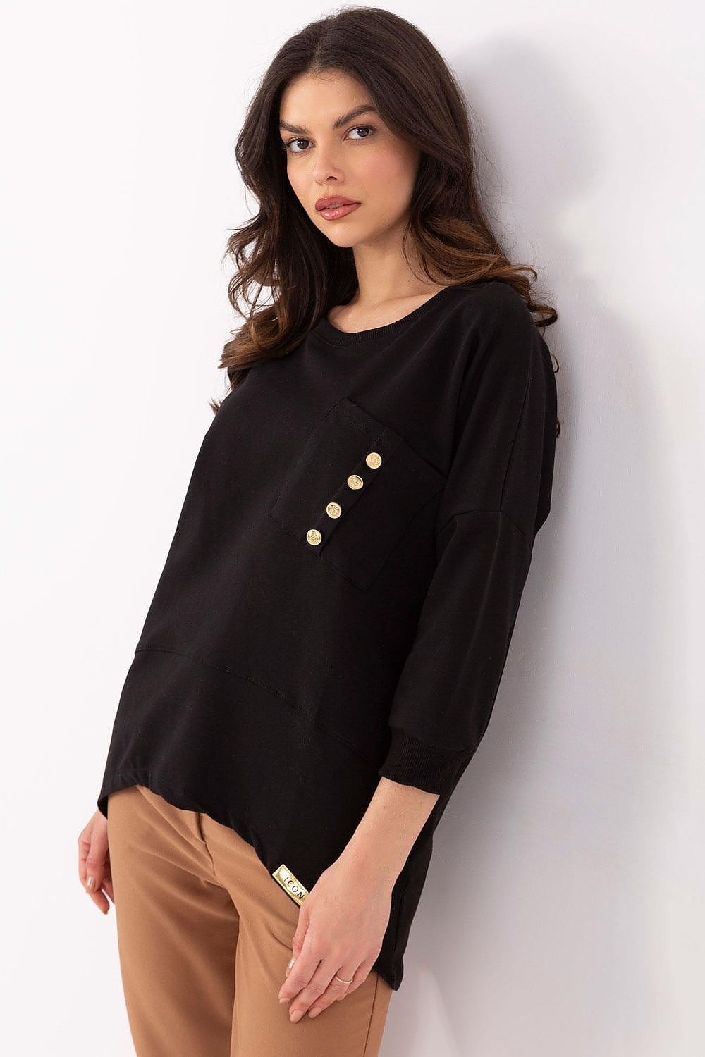 Bluse Damen 3/4-Arm Rundhals Baumwolle mit Tasche – S bis XL