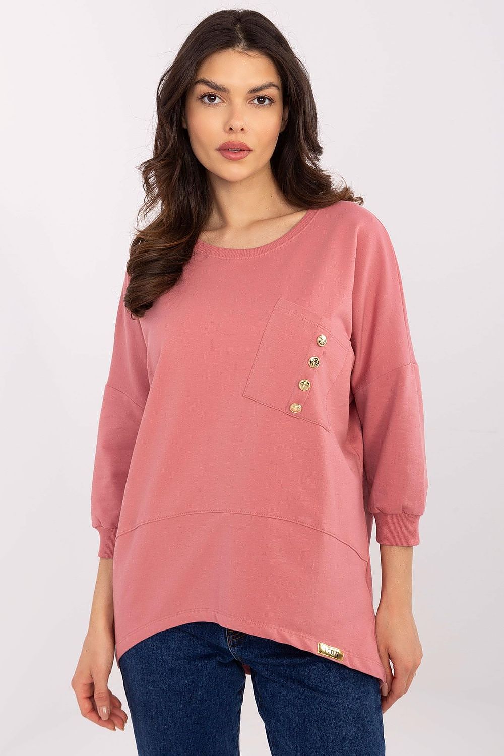 Bluse Damen 3/4-Arm Rundhals Baumwolle mit Tasche – S bis XL