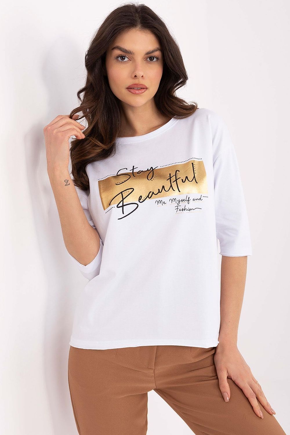 Bluse Damen 3/4-Arm Aufschrift Nieten Baumwolle – S bis XL
