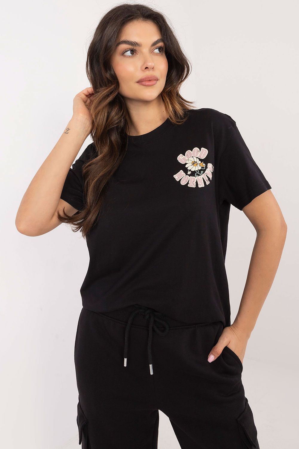 T-Shirt Damen Kurzarm Print schwarz rosa grün