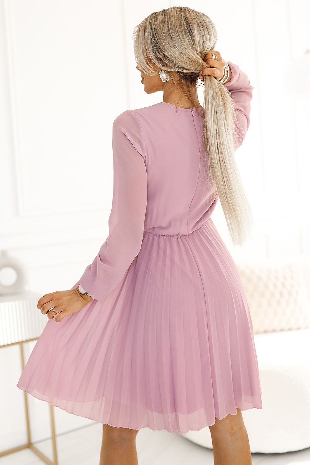 Cocktailkleid Damen Plissiert Chiffon Langarm