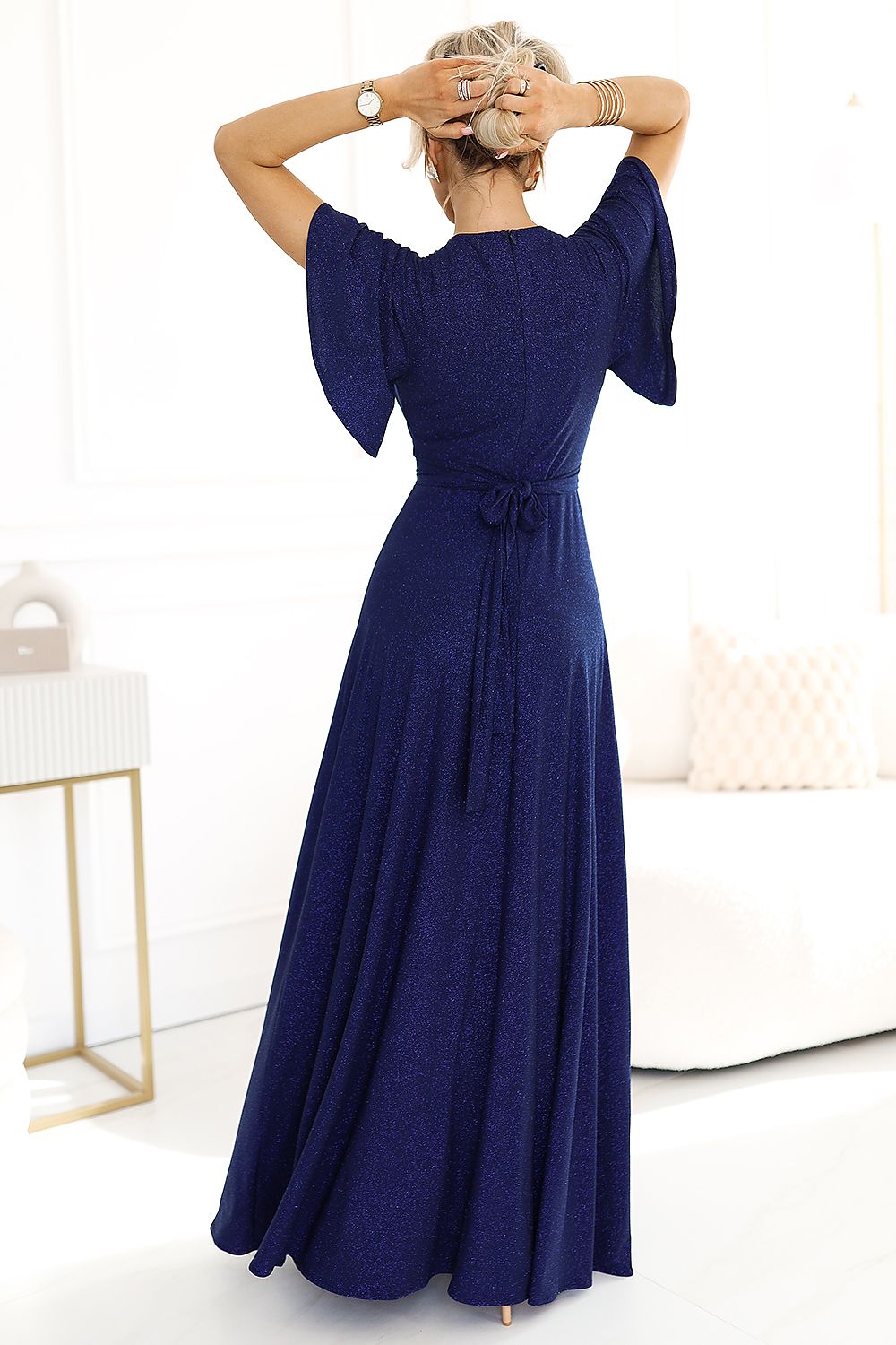 Maxikleid Damen Brokat Wickelausschnitt Beinschlitz
