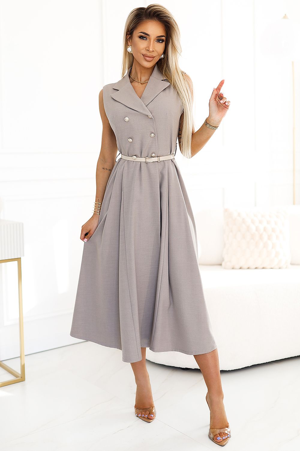 Midikleid Damen Smoking Ärmellos Tailliert Elegant