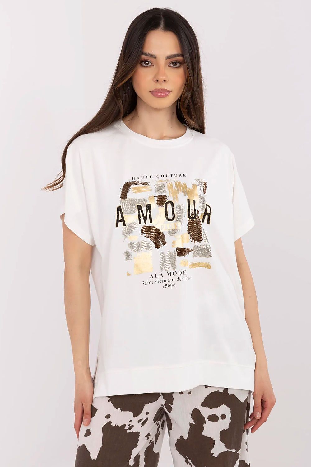 T-Shirt Damen Kurzarm Applikation Strass Baumwolle – S/M & L/XL