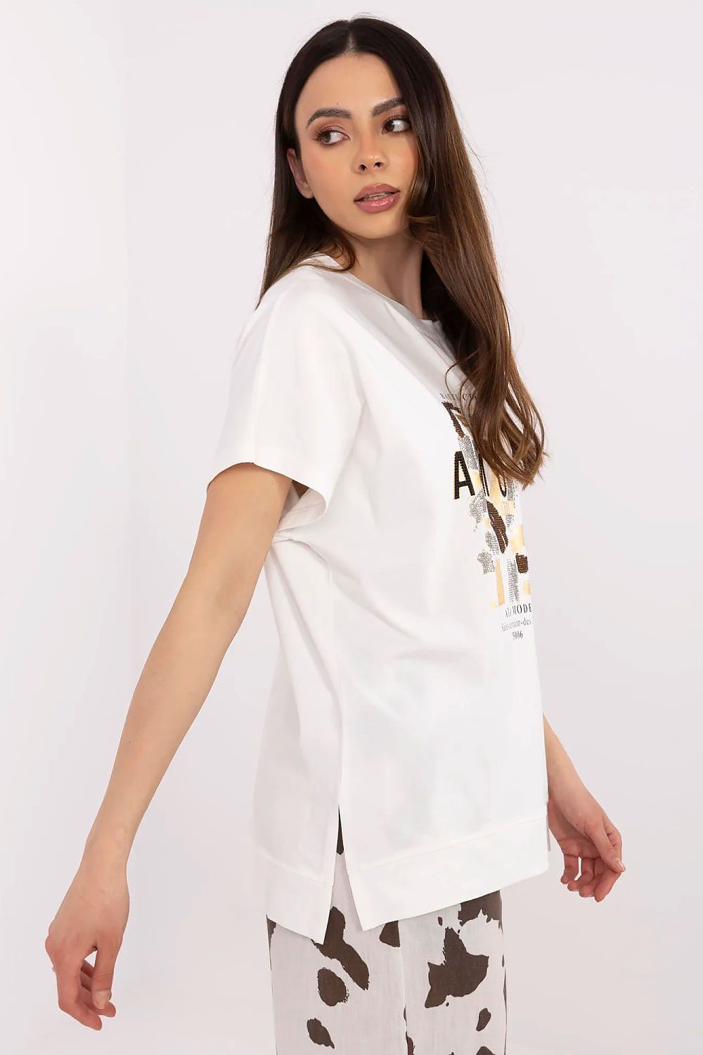 T-Shirt Damen Kurzarm Applikation Strass Baumwolle – S/M & L/XL