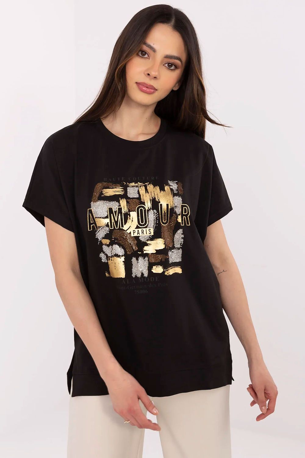 T-Shirt Damen Kurzarm Applikation Strass Baumwolle – S/M & L/XL