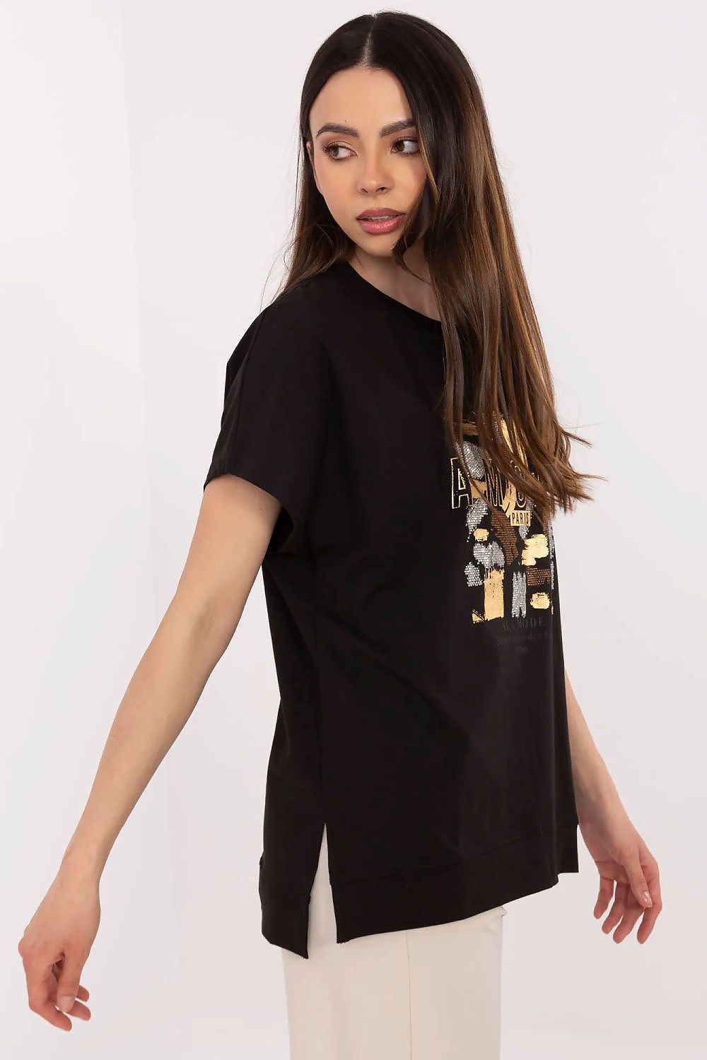 T-Shirt Damen Kurzarm Applikation Strass Baumwolle – S/M & L/XL