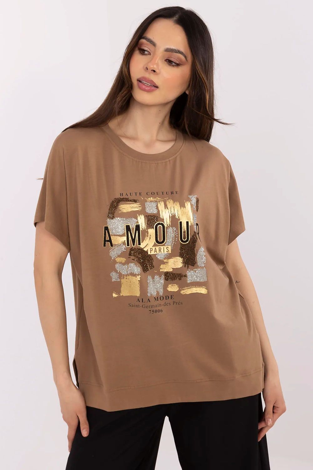 T-Shirt Damen Kurzarm Applikation Strass Baumwolle – S/M & L/XL