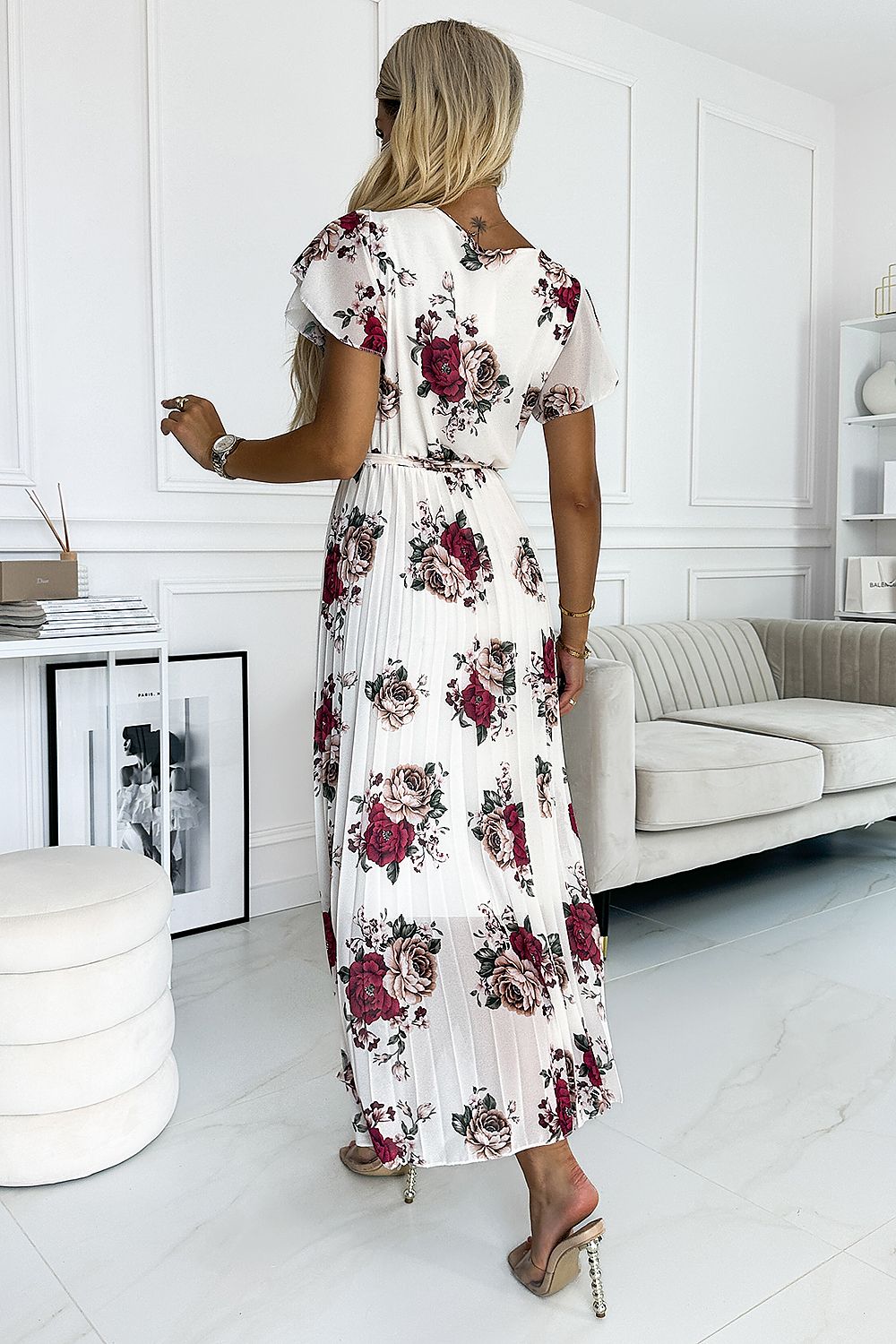 Midikleid Damen Chiffon Blumen Schulterrüschen