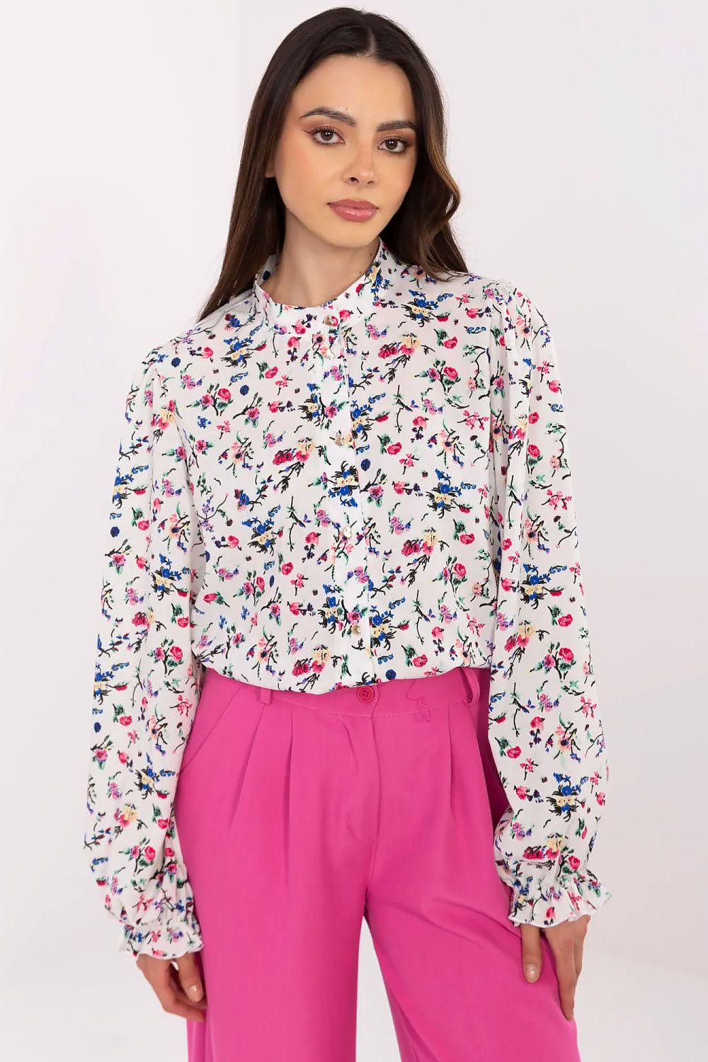 Bluse Damen Puffärmel Blumenmuster - Elegante Hemdbluse Stehkragen