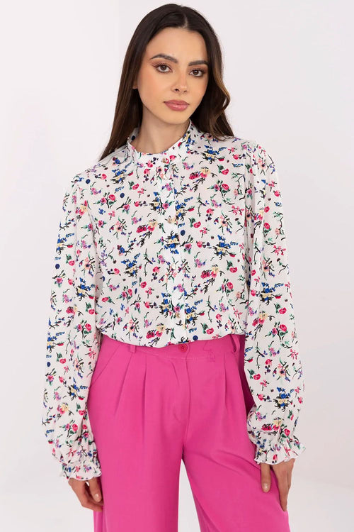 Bluse Damen Puffärmel Blumenmuster - Elegante Hemdbluse Stehkragen