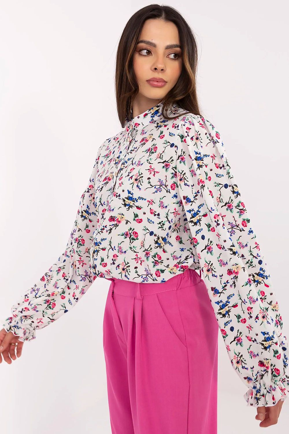 Bluse Damen Puffärmel Blumenmuster - Elegante Hemdbluse Stehkragen