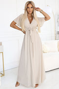 Maxikleid Damen Chiffon Plissiert Bindeband Kurzarm