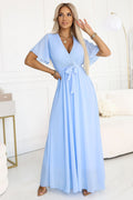 Maxikleid Damen Chiffon Plissiert Bindeband Kurzarm