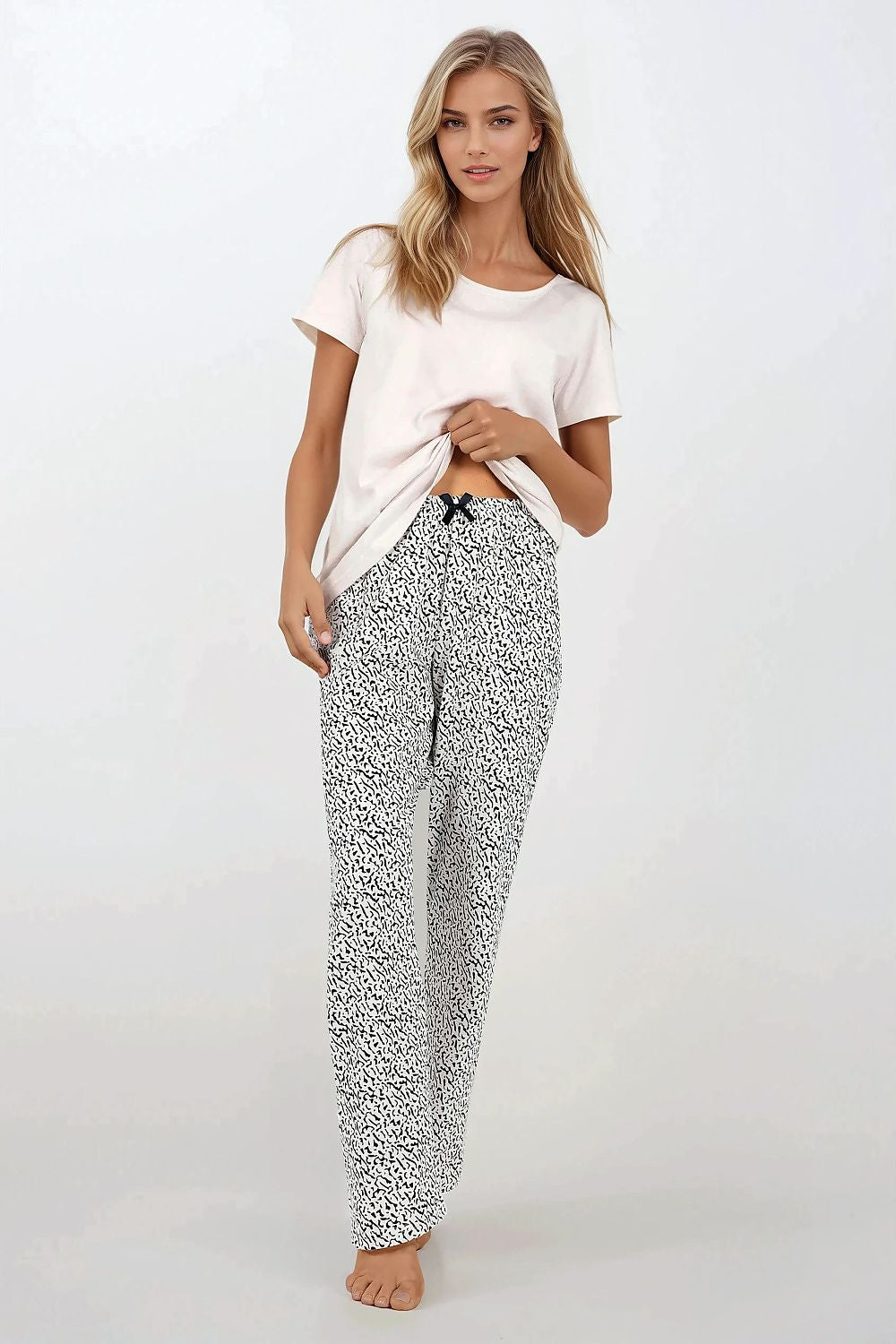 Pyjama Damen lang beige – Baumwoll-Set mit weiter Hose
