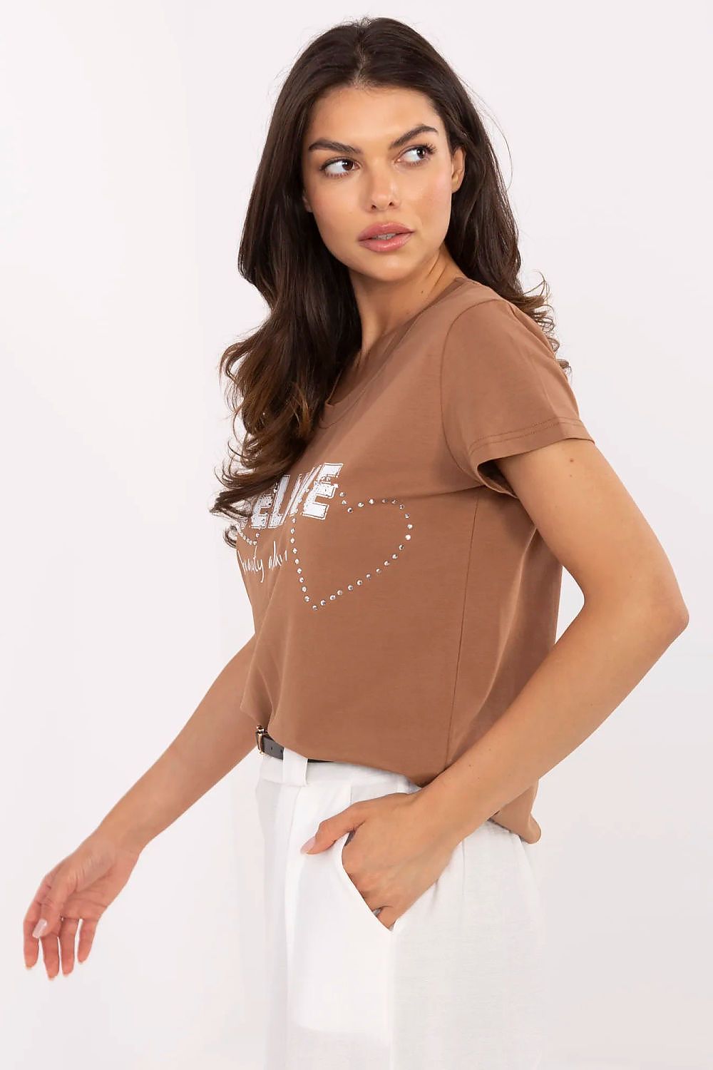 T-Shirt Damen V-Ausschnitt Applikation Zirkonia Baumwolle – S bis XL