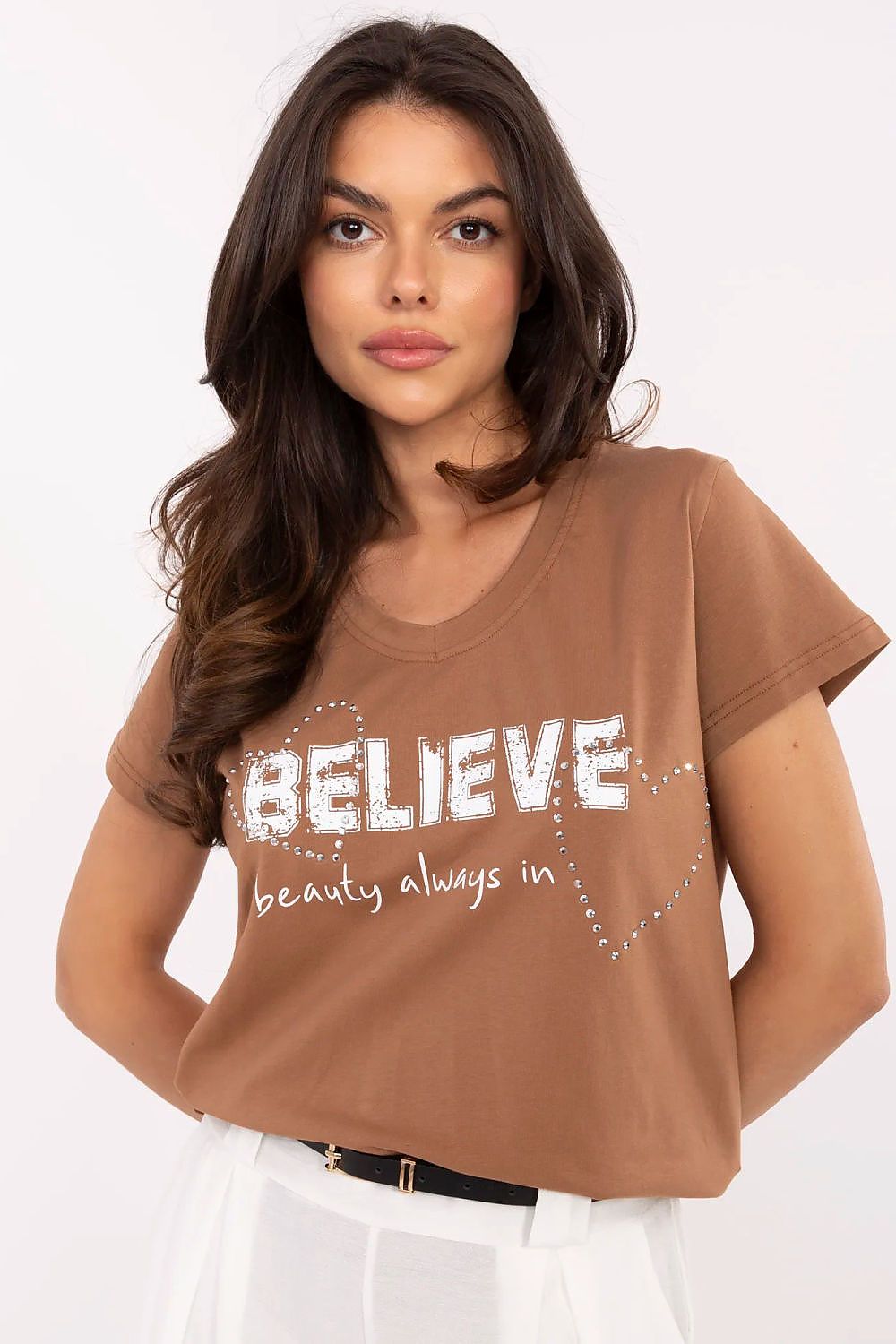 T-Shirt Damen V-Ausschnitt Applikation Zirkonia Baumwolle – S bis XL