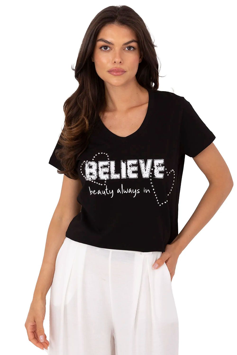 T-Shirt Damen V-Ausschnitt Applikation Zirkonia Baumwolle – S bis XL