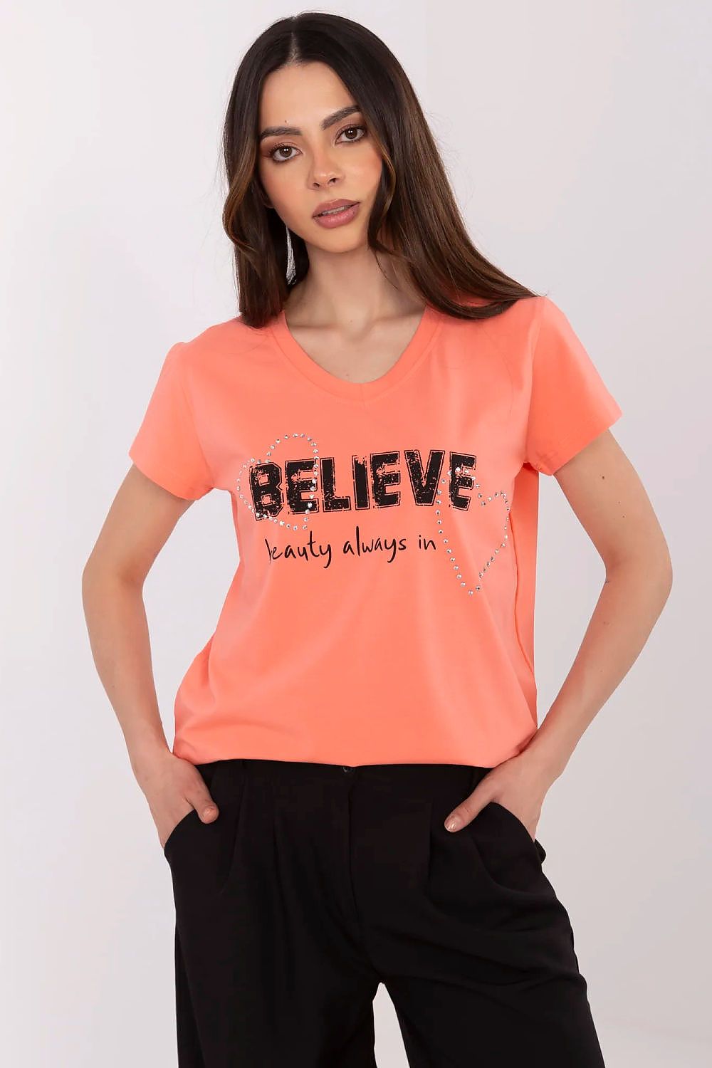T-Shirt Damen V-Ausschnitt Applikation Zirkonia Baumwolle – S bis XL