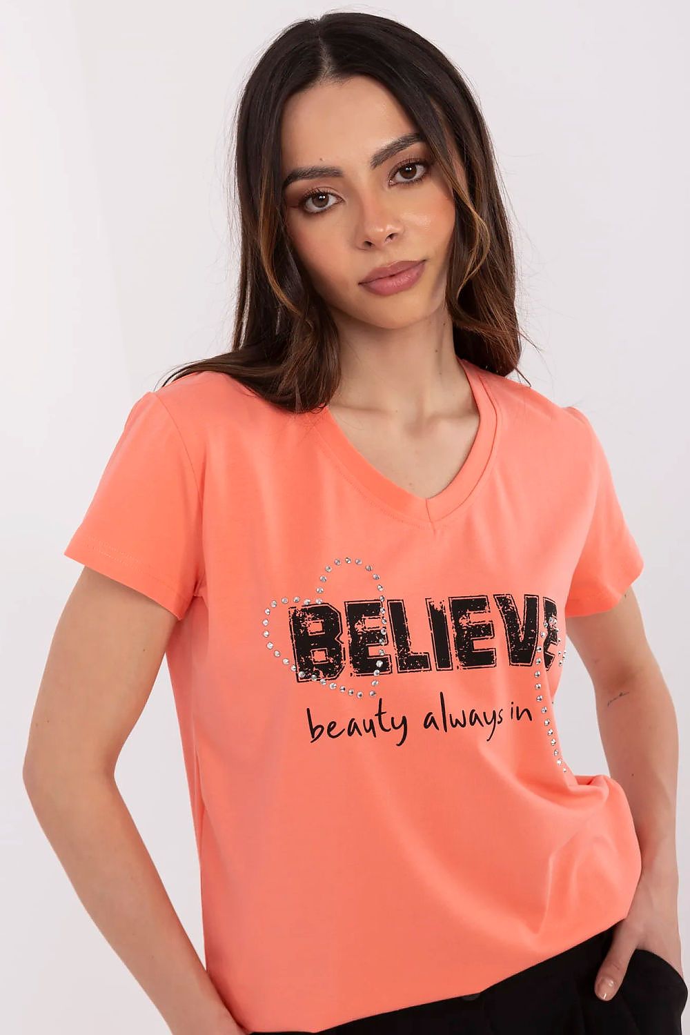 T-Shirt Damen V-Ausschnitt Applikation Zirkonia Baumwolle – S bis XL