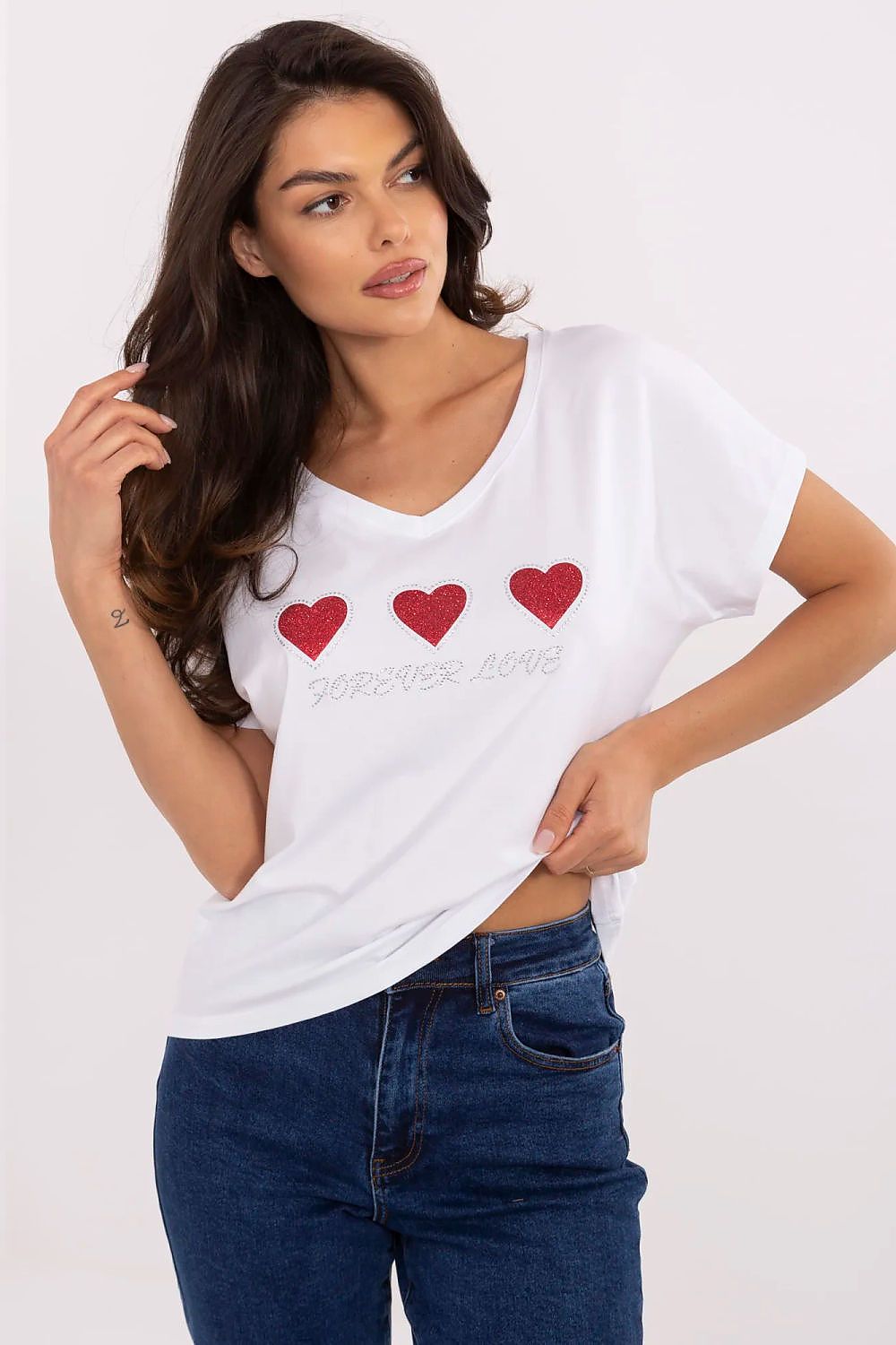 T-Shirt Damen Herz Applikation Strass Baumwolle – Weiß & Schwarz S-XL