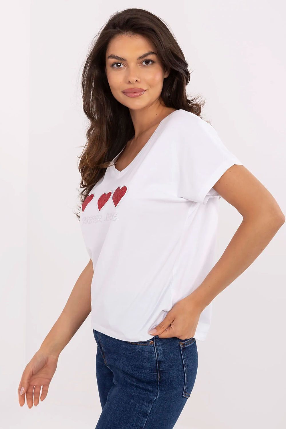 T-Shirt Damen Herz Applikation Strass Baumwolle – Weiß & Schwarz S-XL