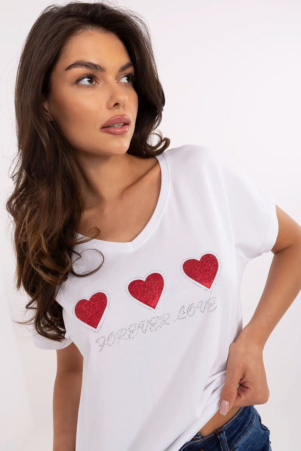 T-Shirt Damen Herz Applikation Strass Baumwolle – Weiß & Schwarz S-XL