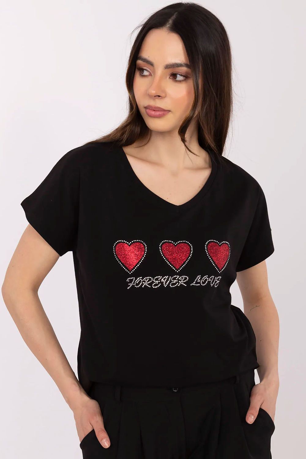 T-Shirt Damen Herz Applikation Strass Baumwolle – Weiß & Schwarz S-XL