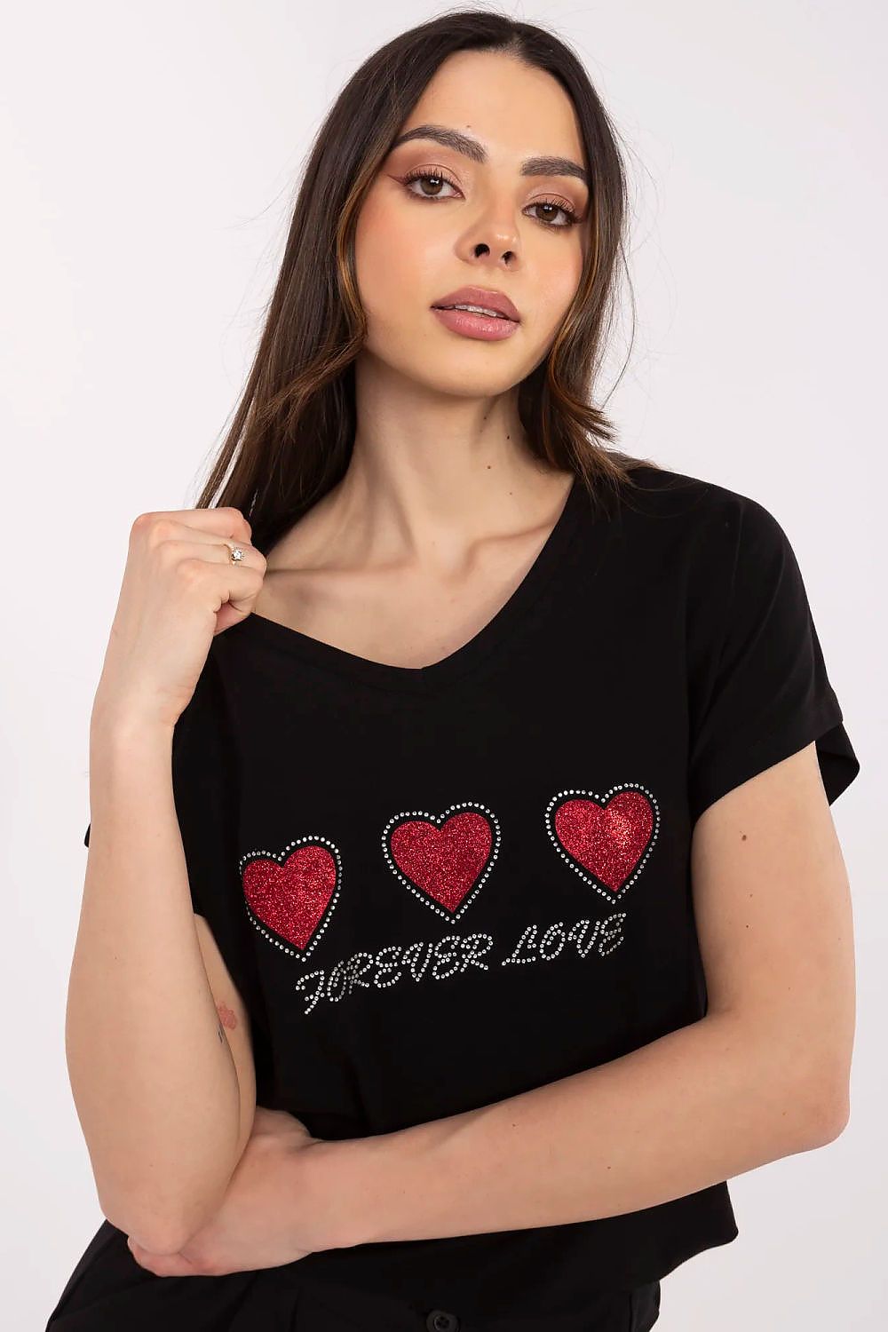 T-Shirt Damen Herz Applikation Strass Baumwolle – Weiß & Schwarz S-XL