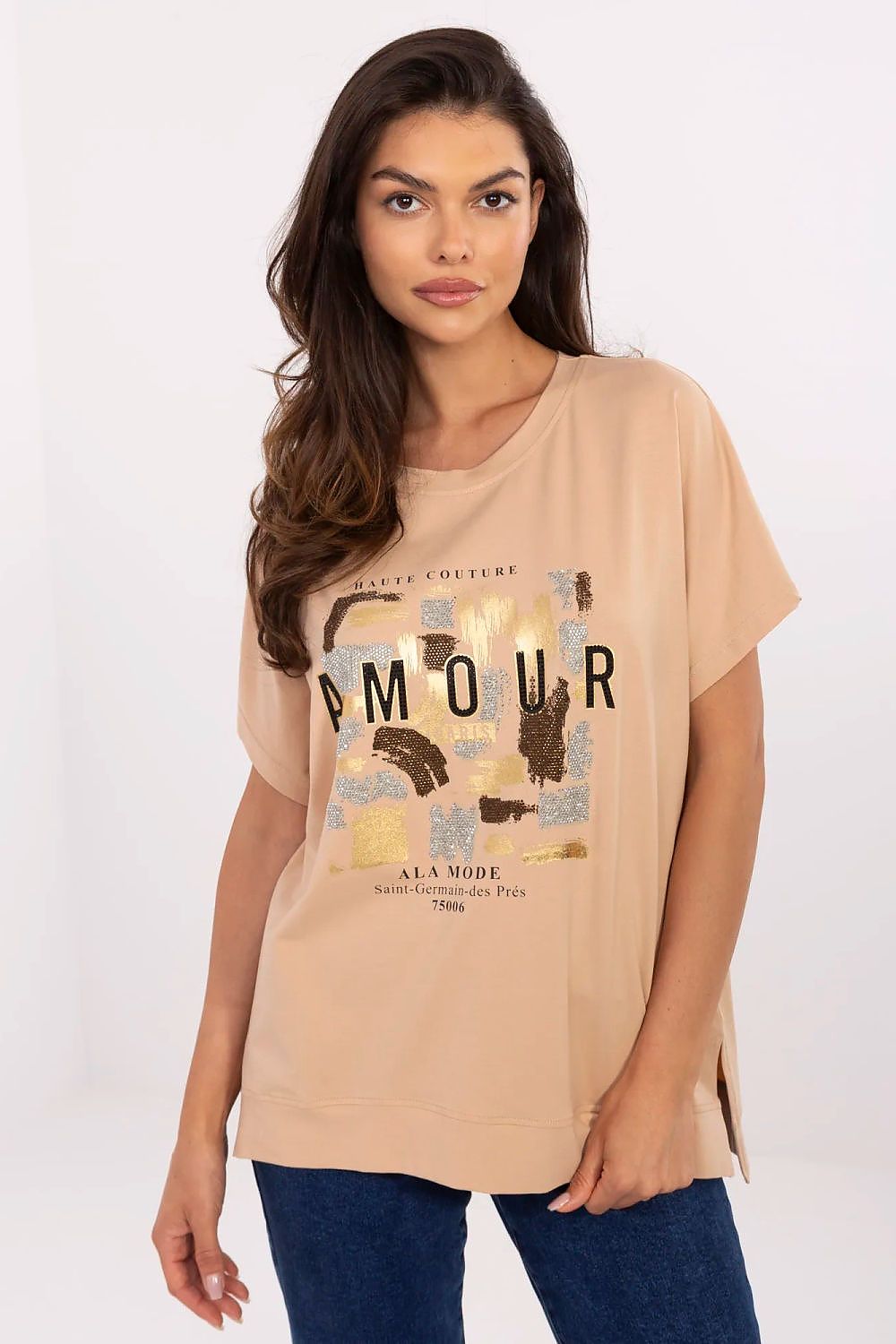 T-Shirt Damen Kurzarm Applikation Strass Baumwolle – S/M & L/XL
