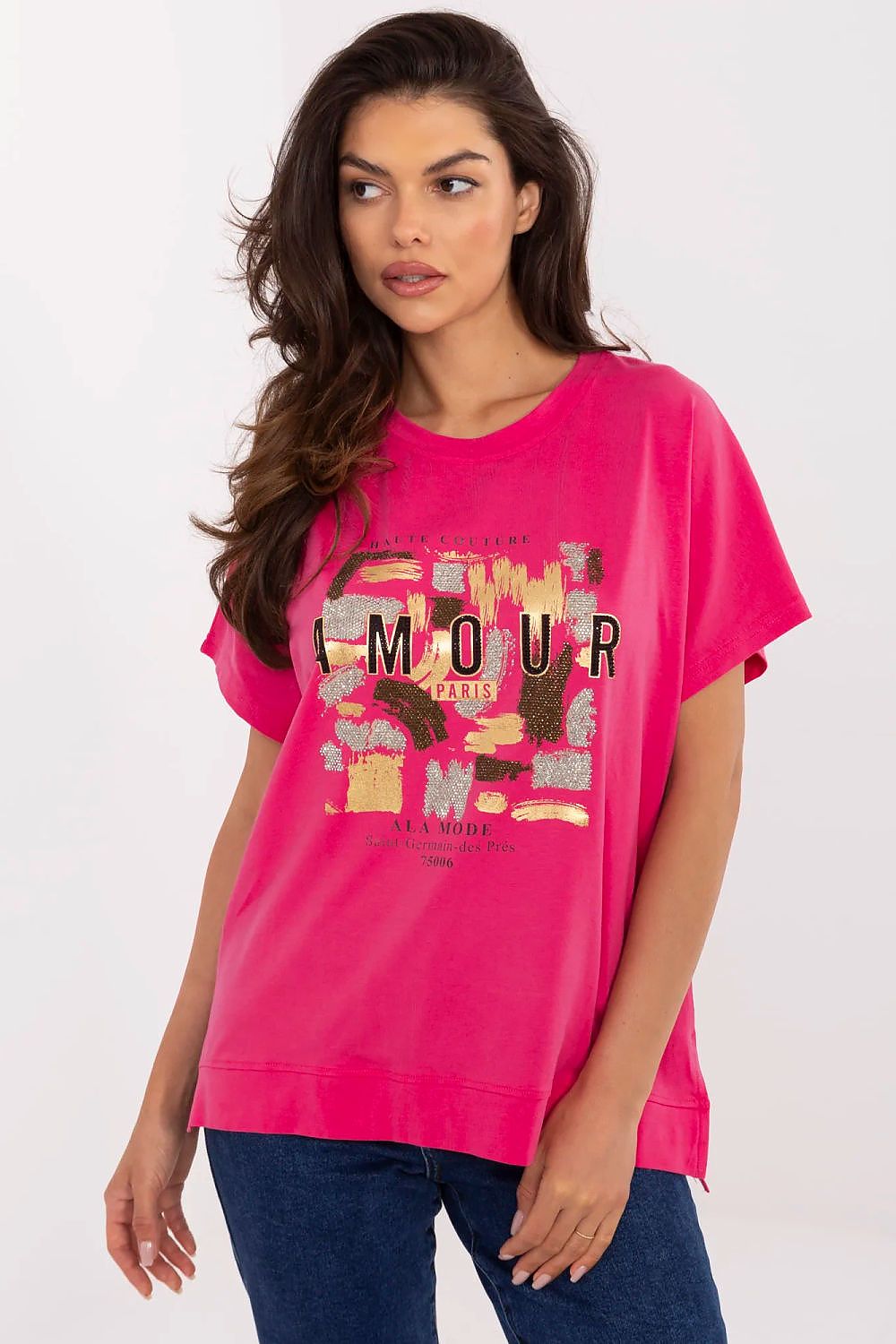 T-Shirt Damen Kurzarm Applikation Strass Baumwolle – S/M & L/XL