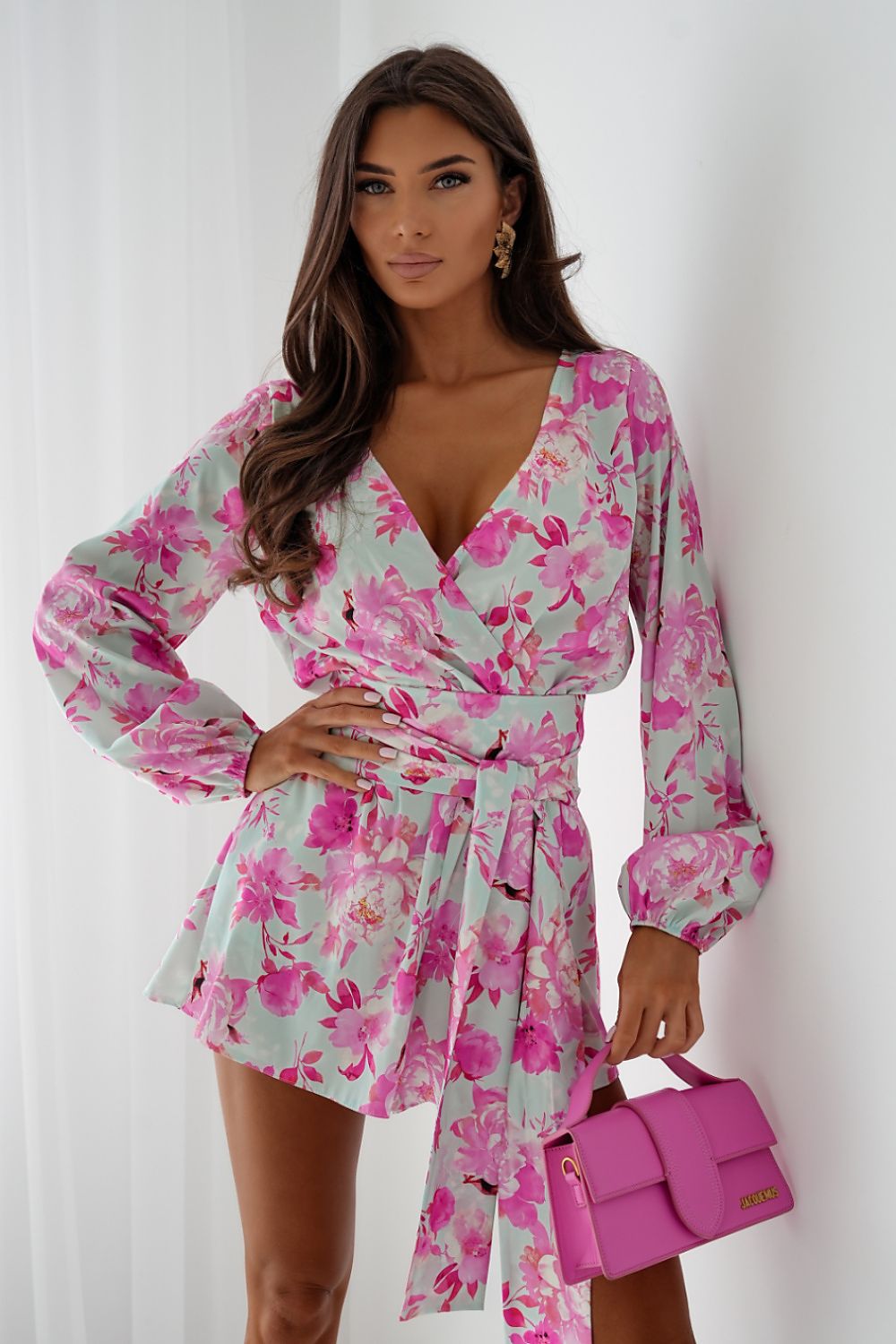 Overall Damen Viskose Puffärmel Wickelausschnitt Elegant Bunt