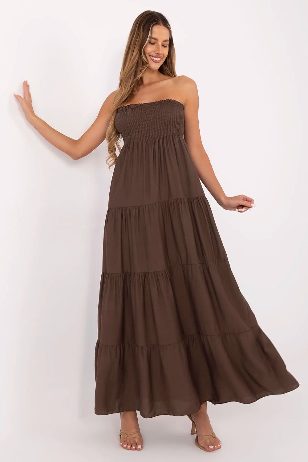 Maxikleid Damen ärmellos Viskose mit Rüsche & elastischen Raffungen